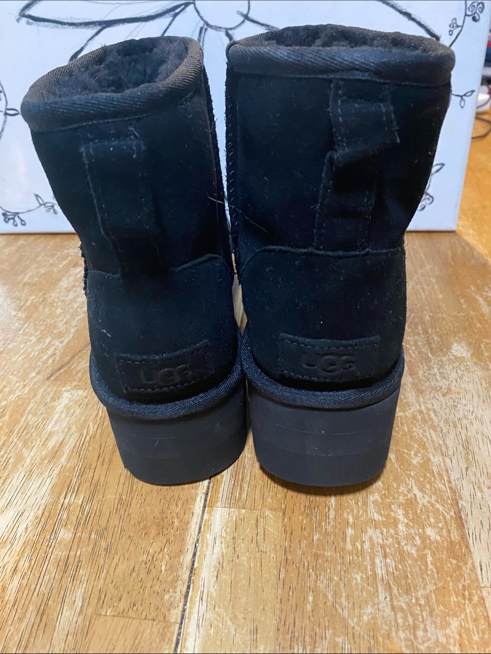 Beautiful and very elegant UGG Black Short Suede Ankle Boots with Shearling Trim